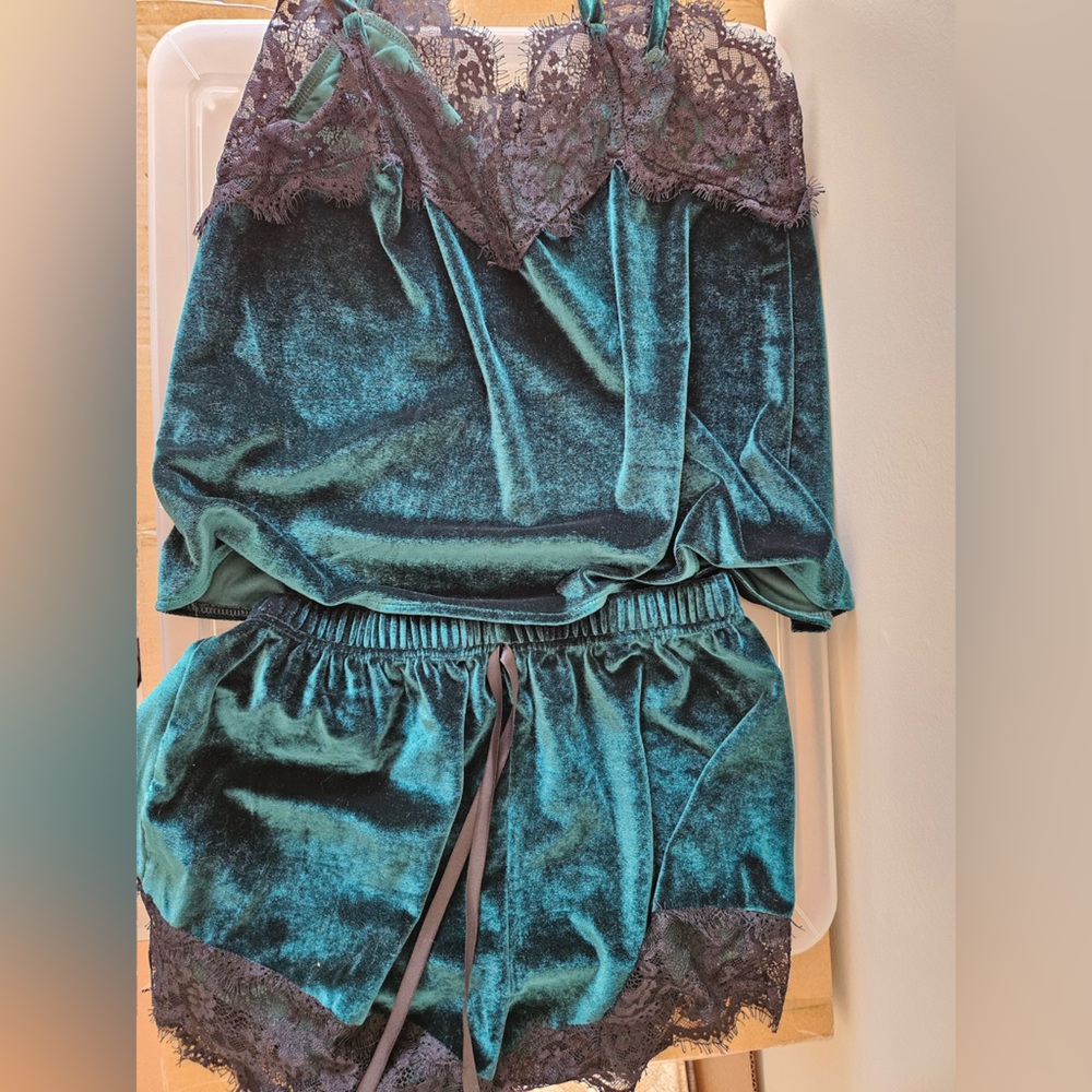 Velvet Pajama Set with Lace Trim